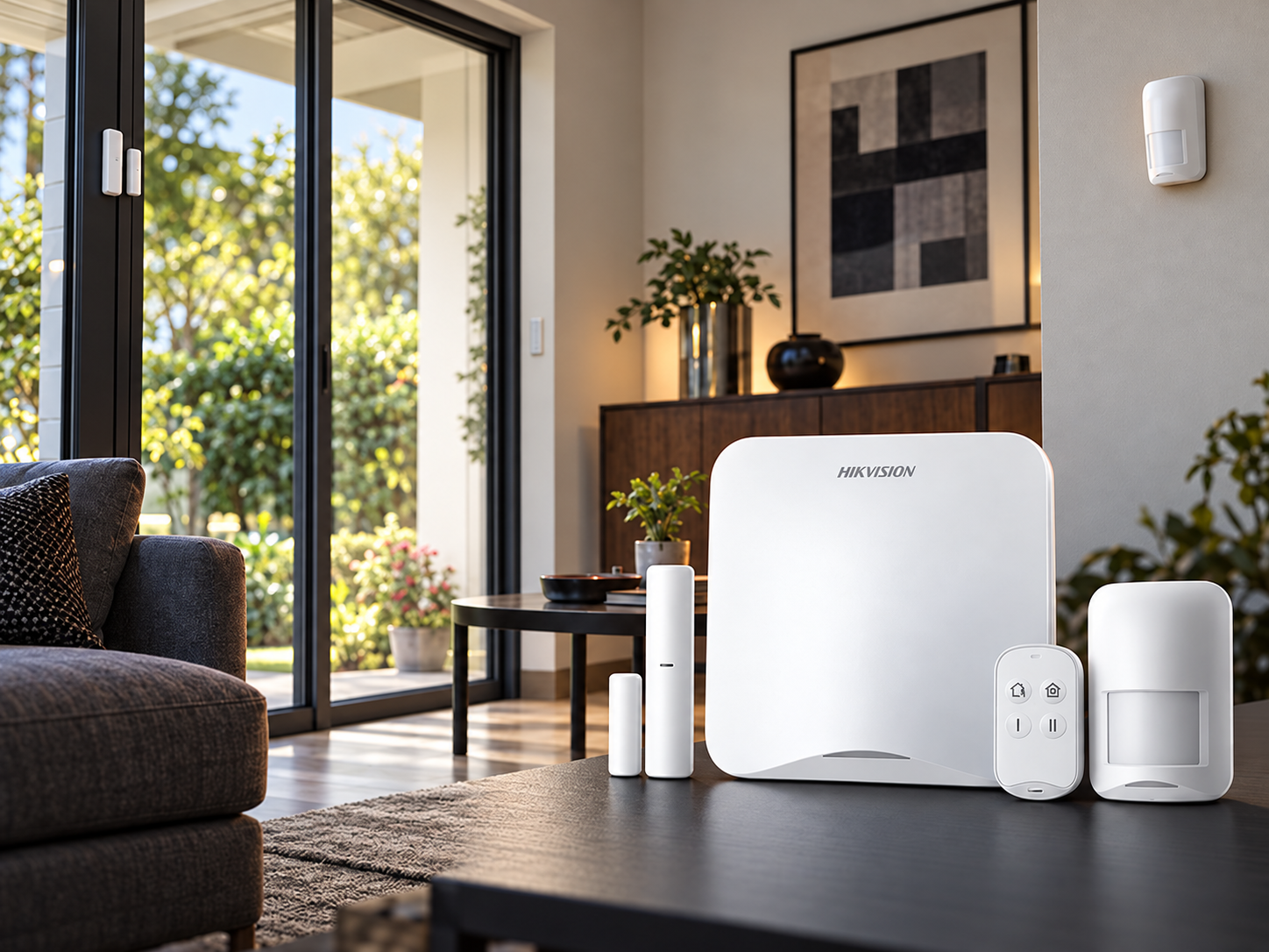 Composição ilustrativa do kit de alarme Hikvision em residência, com sensores na porta e na parede